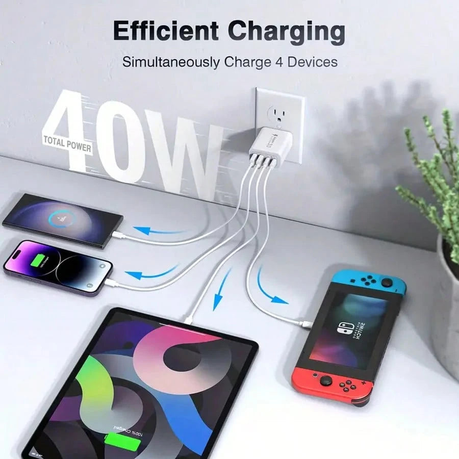 2A2C USB C Plug Fast Charge, 40W 4-Port Multi USB Charger Plug US Dual Port PD Power Adapter +QC Wall Plug Multi-Port Mains Type C Charging Plug Suitable For Multiple People Charging, Multiple Devices