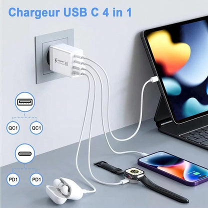 2A2C USB C Plug Fast Charge, 40W 4-Port Multi USB Charger Plug US Dual Port PD Power Adapter +QC Wall Plug Multi-Port Mains Type C Charging Plug Suitable For Multiple People Charging, Multiple Devices