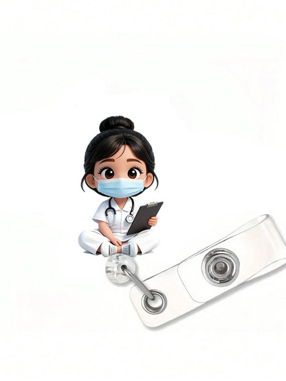 2D Acrylic Nurse Girl ID Card Holder- Retractable Badge Clip, Suitable For Medical Students And Nurse Practitioners- PMMA Material Workplace Identification Badge Clip| Fun Design| Acrylic Nurse Ac