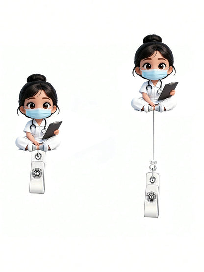 2D Acrylic Nurse Girl ID Card Holder- Retractable Badge Clip, Suitable For Medical Students And Nurse Practitioners- PMMA Material Workplace Identification Badge Clip| Fun Design| Acrylic Nurse Ac