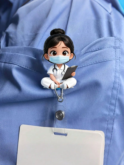 2D Acrylic Nurse Girl ID Card Holder- Retractable Badge Clip, Suitable For Medical Students And Nurse Practitioners- PMMA Material Workplace Identification Badge Clip| Fun Design| Acrylic Nurse Ac