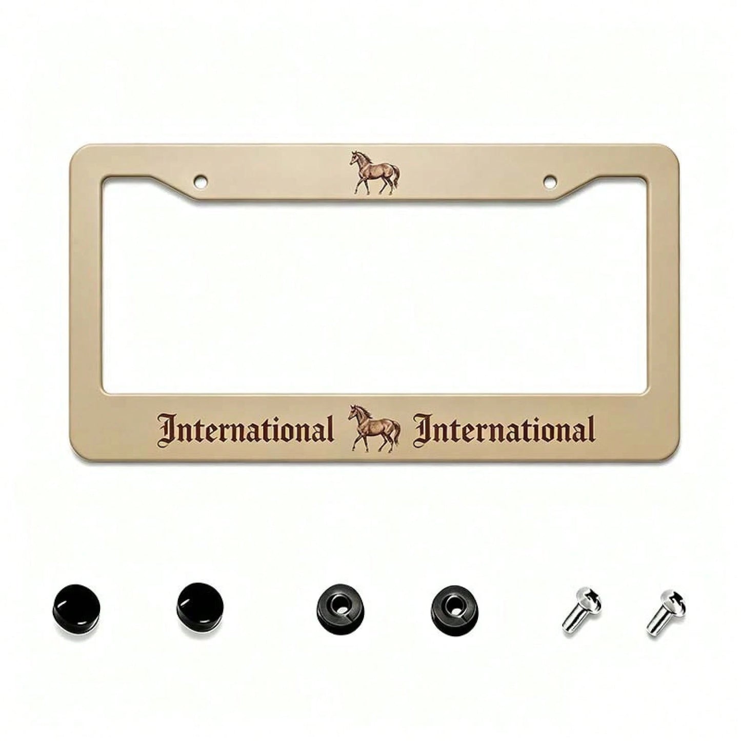 2D Flat, 12X 6inch Aluminum License Plate Frame, Beige Background With International Brown Gothic Font And Horse Print Decoration, American Retro Western Style, Suitable For Standard License Plates, F