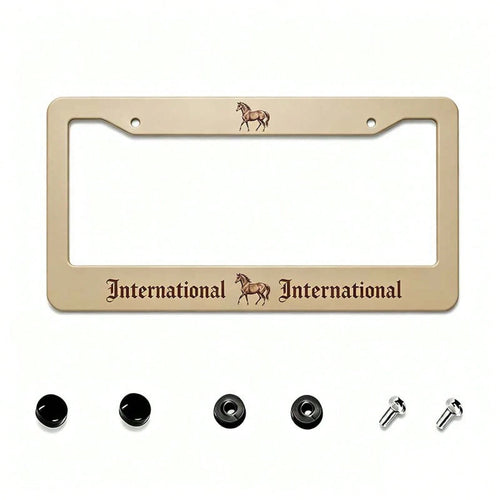 2D Flat, 12X 6inch Aluminum License Plate Frame, Beige Background With International Brown Gothic Font And Horse Print Decoration, American Retro Western Style, Suitable For Standard License Plates, F
