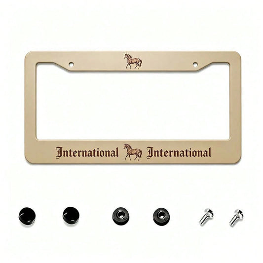 2D Flat, 12X 6inch Aluminum License Plate Frame, Beige Background With International Brown Gothic Font And Horse Print Decoration, American Retro Western Style, Suitable For Standard License Plates, F