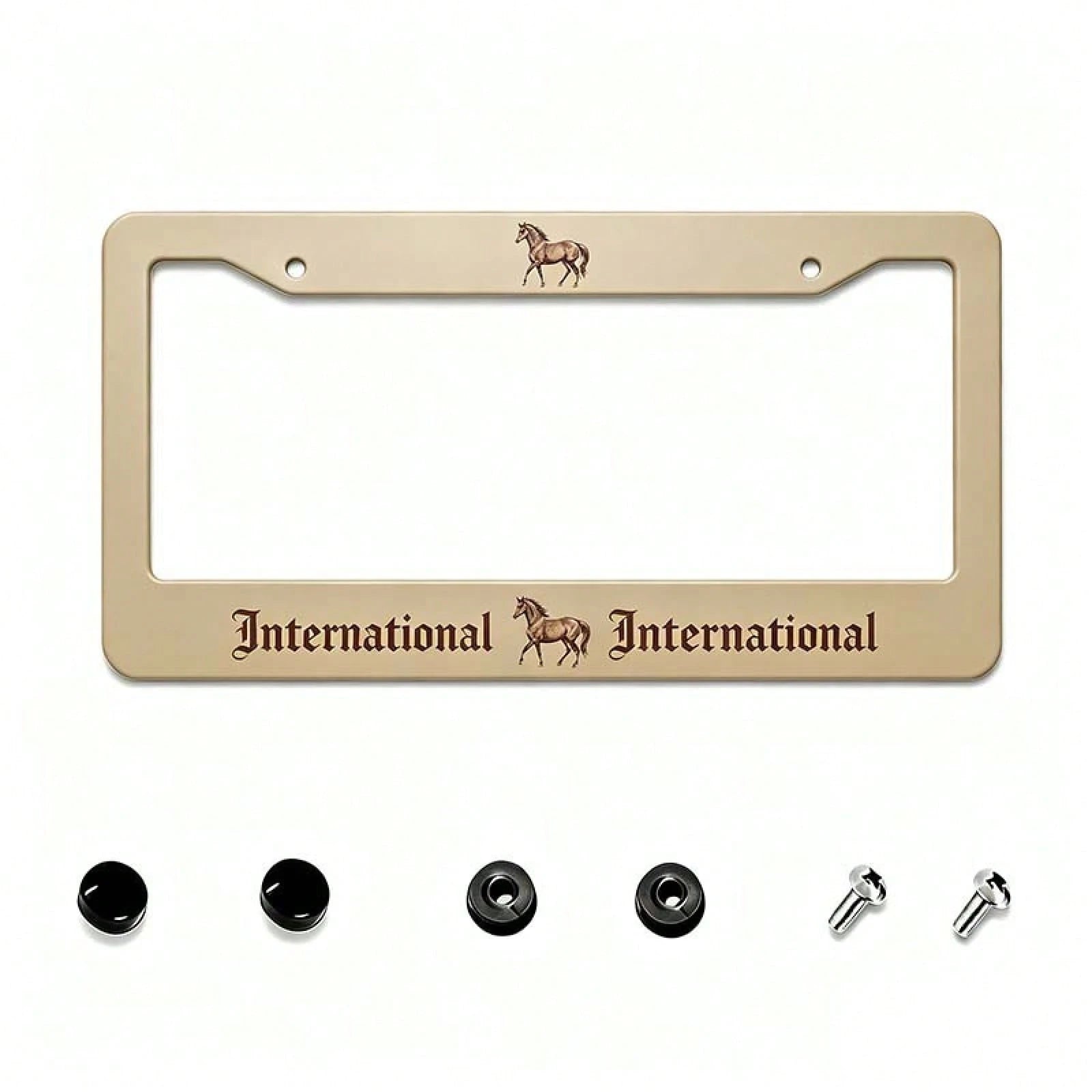 2D Flat, 12X 6inch Aluminum License Plate Frame, Beige Background With International Brown Gothic Font And Horse Print Decoration, American Retro Western Style, Suitable For Standard License Plates, F