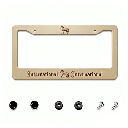 2D Flat, 12X 6inch Aluminum License Plate Frame, Beige Background With International Brown Gothic Font And Horse Print Decoration, American Retro Western Style, Suitable For Standard License Plates, F