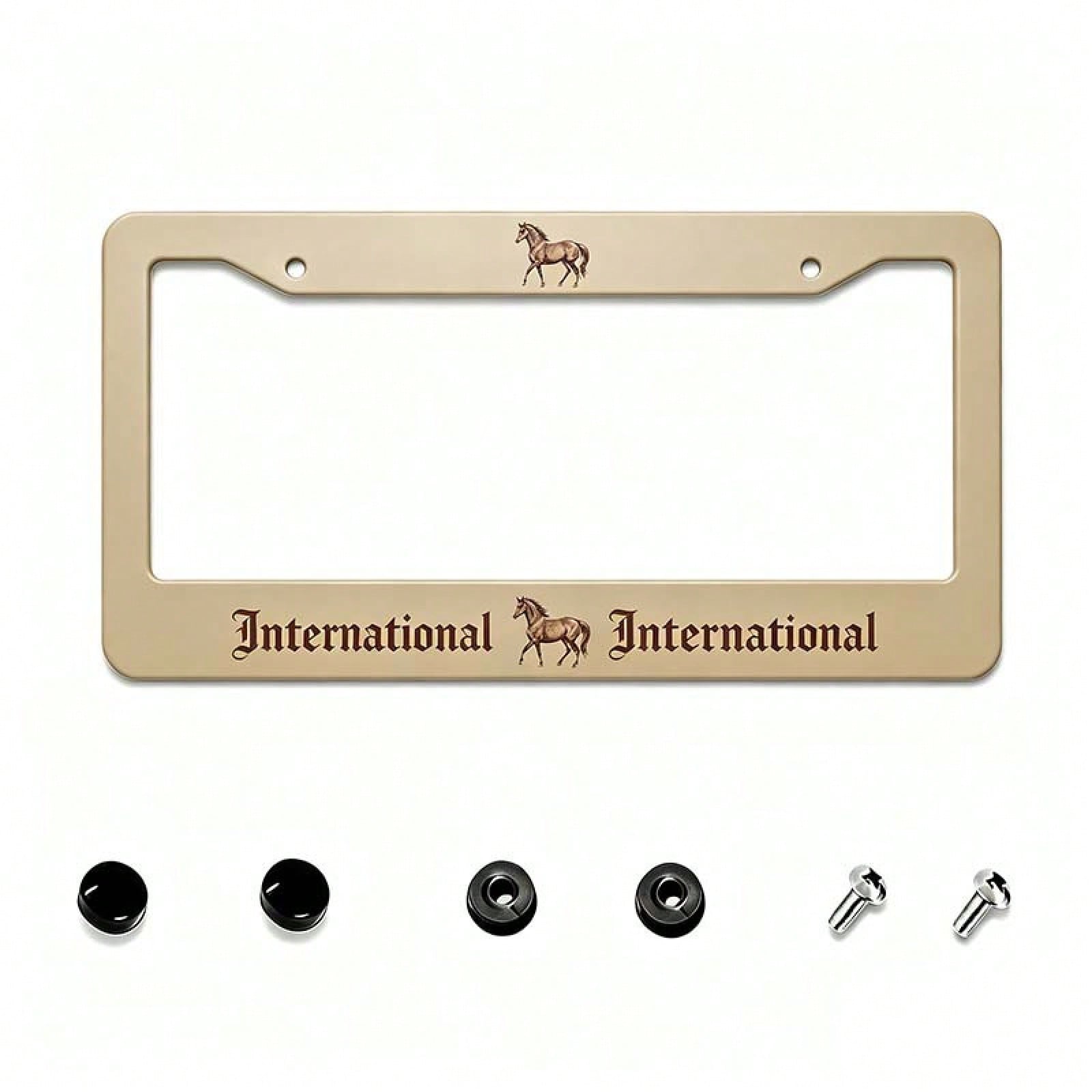 2D Flat, 12X 6inch Aluminum License Plate Frame, Beige Background With International Brown Gothic Font And Horse Print Decoration, American Retro Western Style, Suitable For Standard License Plates, F