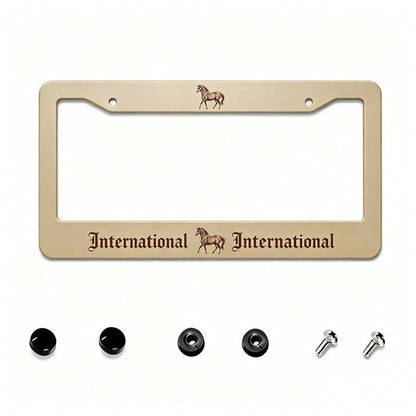 2D Flat, 12X 6inch Aluminum License Plate Frame, Beige Background With International Brown Gothic Font And Horse Print Decoration, American Retro Western Style, Suitable For Standard License Plates, F