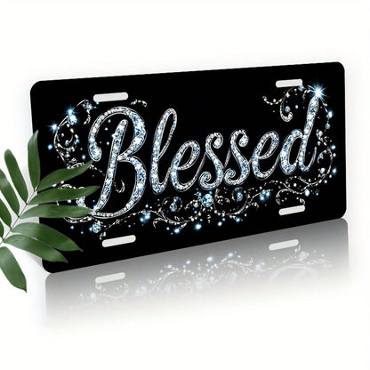 2D Flat Design, Car License Plate Cover And Frame, Shiny And Gorgeous "Blessed" Design, Aluminum Decorative License Plate Cover And Frame, Suitable For Both Men And Women, Car Accessory, Gorgeous Fram