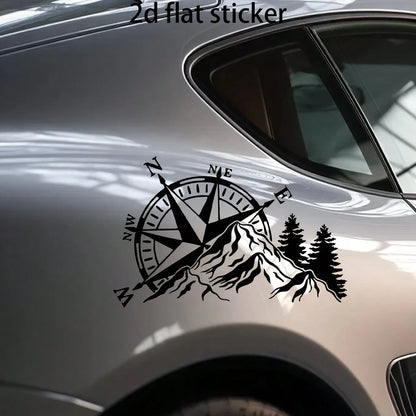 2D Flat- Dual Color Compass Sticker, Mountain And Pine Tree Design, Self-Adhesive, Matte Finish, Reusable, Suitable For Cars, Laptops, Etc.