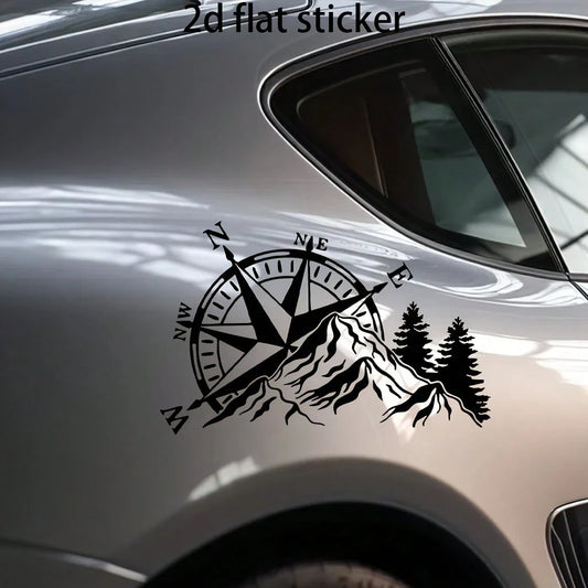 2D Flat- Dual Color Compass Sticker, Mountain And Pine Tree Design, Self-Adhesive, Matte Finish, Reusable, Suitable For Cars, Laptops, Etc.