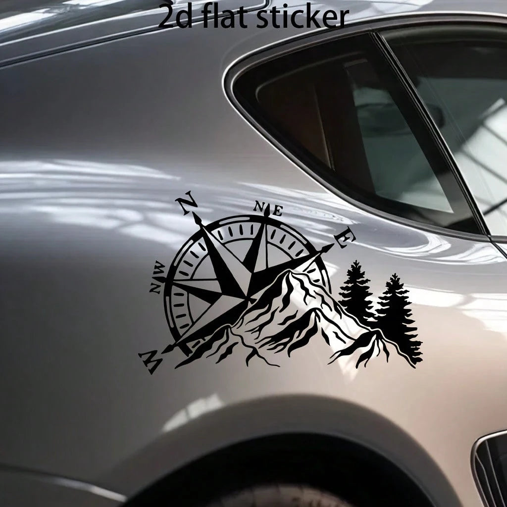 2D Flat- Dual Color Compass Sticker, Mountain And Pine Tree Design, Self-Adhesive, Matte Finish, Reusable, Suitable For Cars, Laptops, Etc.