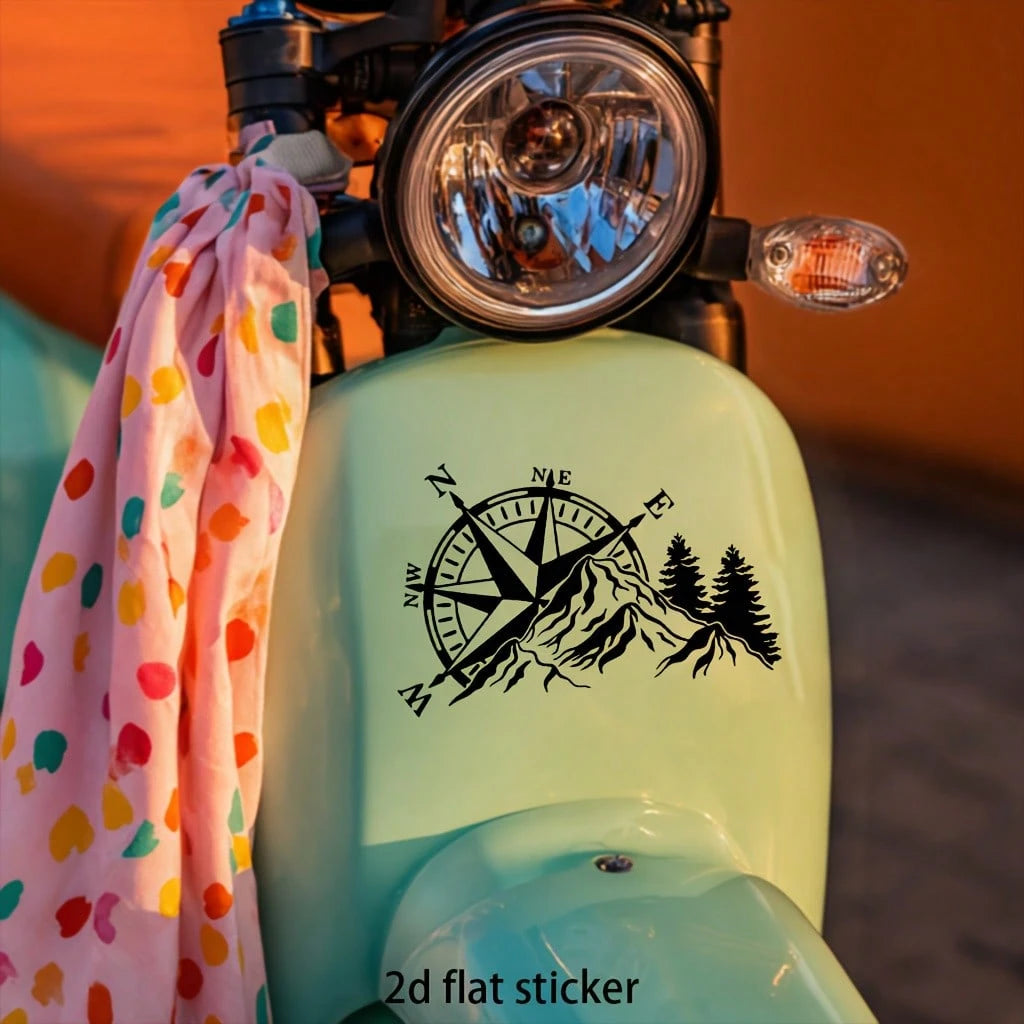 2D Flat- Dual Color Compass Sticker, Mountain And Pine Tree Design, Self-Adhesive, Matte Finish, Reusable, Suitable For Cars, Laptops, Etc.