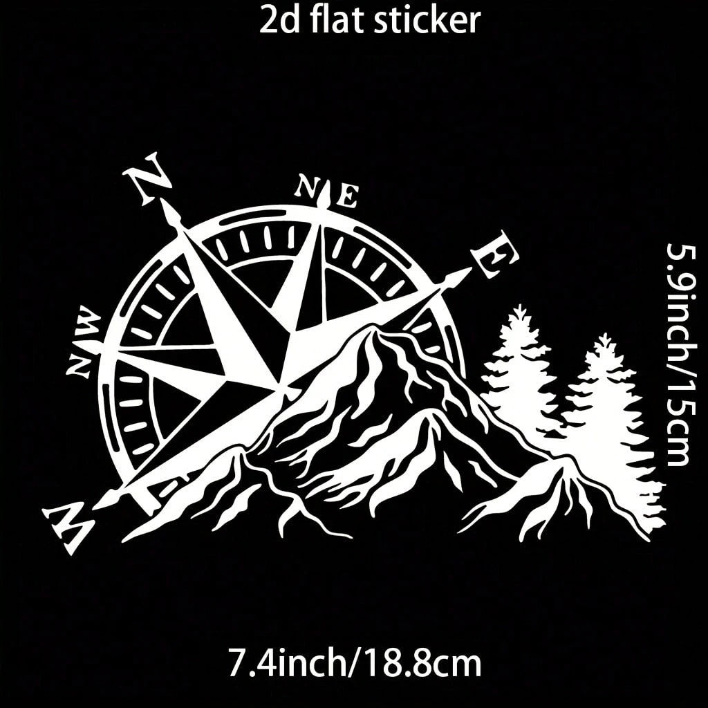 2D Flat- Dual Color Compass Sticker, Mountain And Pine Tree Design, Self-Adhesive, Matte Finish, Reusable, Suitable For Cars, Laptops, Etc.