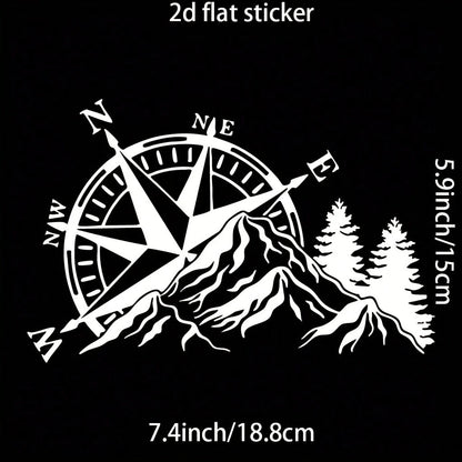 2D Flat- Dual Color Compass Sticker, Mountain And Pine Tree Design, Self-Adhesive, Matte Finish, Reusable, Suitable For Cars, Laptops, Etc.