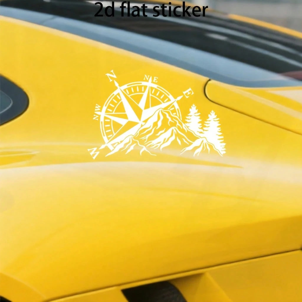 2D Flat- Dual Color Compass Sticker, Mountain And Pine Tree Design, Self-Adhesive, Matte Finish, Reusable, Suitable For Cars, Laptops, Etc.