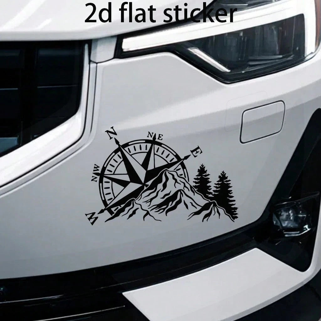 2D Flat- Dual Color Compass Sticker, Mountain And Pine Tree Design, Self-Adhesive, Matte Finish, Reusable, Suitable For Cars, Laptops, Etc.