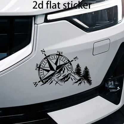 2D Flat- Dual Color Compass Sticker, Mountain And Pine Tree Design, Self-Adhesive, Matte Finish, Reusable, Suitable For Cars, Laptops, Etc.