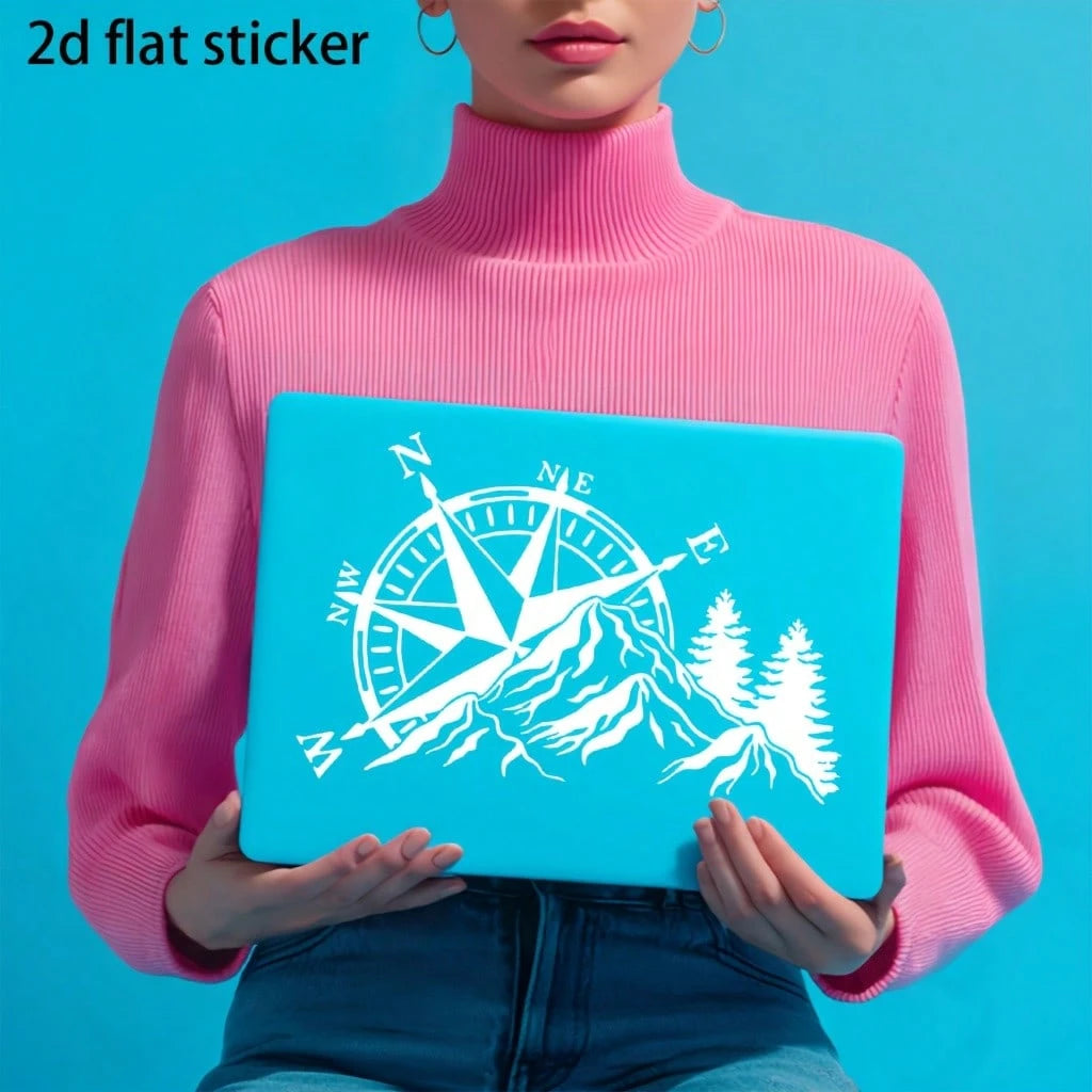 2D Flat- Dual Color Compass Sticker, Mountain And Pine Tree Design, Self-Adhesive, Matte Finish, Reusable, Suitable For Cars, Laptops, Etc.