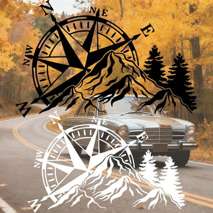 2D Flat- Dual Color Compass Sticker, Mountain And Pine Tree Design, Self-Adhesive, Matte Finish, Reusable, Suitable For Cars, Laptops, Etc.