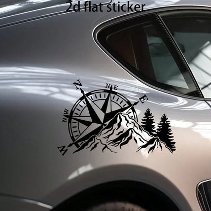 2D Flat- Dual Color Compass Sticker, Mountain And Pine Tree Design, Self-Adhesive, Matte Finish, Reusable, Suitable For Cars, Laptops, Etc.