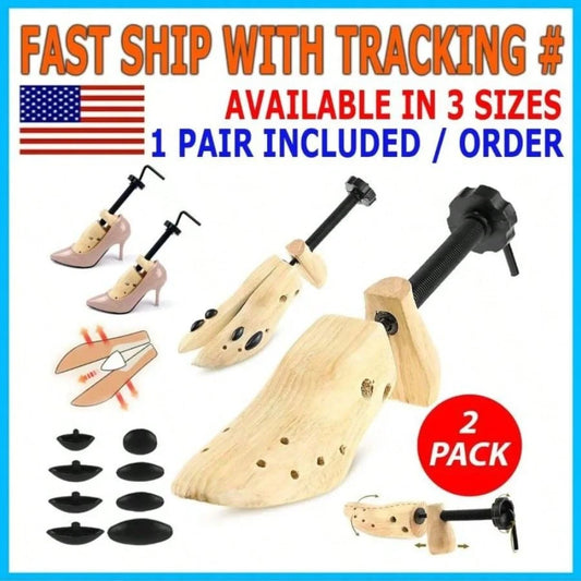 2pc Natural Wood Shoe Stretcher- 4-Way Adjustable Shoe Expander With Spiral Design, Expandable Length & Width, Ergonomic Handle & Sturdy Base For Men'S & Women'S Shoes, Boots, Sneakers, Heels- Durab