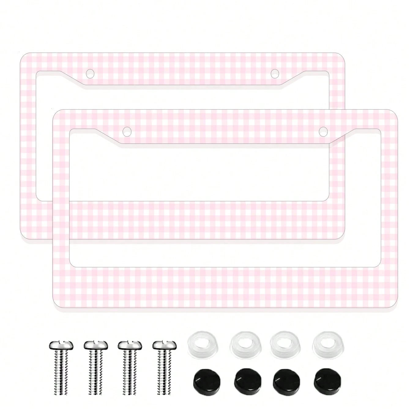 2PC Pink Gingham Checkered Pattern Aluminum License Plate Frame 6x12 Inches With Screw Kit, Retro And Cute Car Decor Accessory Vehicle Personalization, Fun And Quirky Design As A, Universal Size Fits