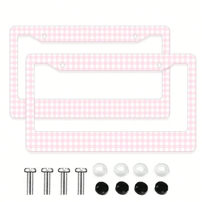 2PC Pink Gingham Checkered Pattern Aluminum License Plate Frame 6x12 Inches With Screw Kit, Retro And Cute Car Decor Accessory Vehicle Personalization, Fun And Quirky Design As A, Universal Size Fits