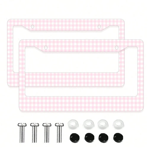 2PC Pink Gingham Checkered Pattern Aluminum License Plate Frame 6x12 Inches With Screw Kit, Retro And Cute Car Decor Accessory Vehicle Personalization, Fun And Quirky Design As A, Universal Size Fits