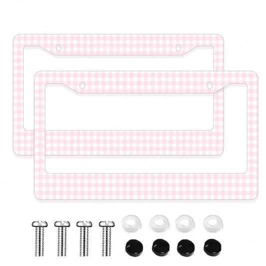 2PC Pink Gingham Checkered Pattern Aluminum License Plate Frame 6x12 Inches With Screw Kit, Retro And Cute Car Decor Accessory Vehicle Personalization, Fun And Quirky Design As A, Universal Size Fits