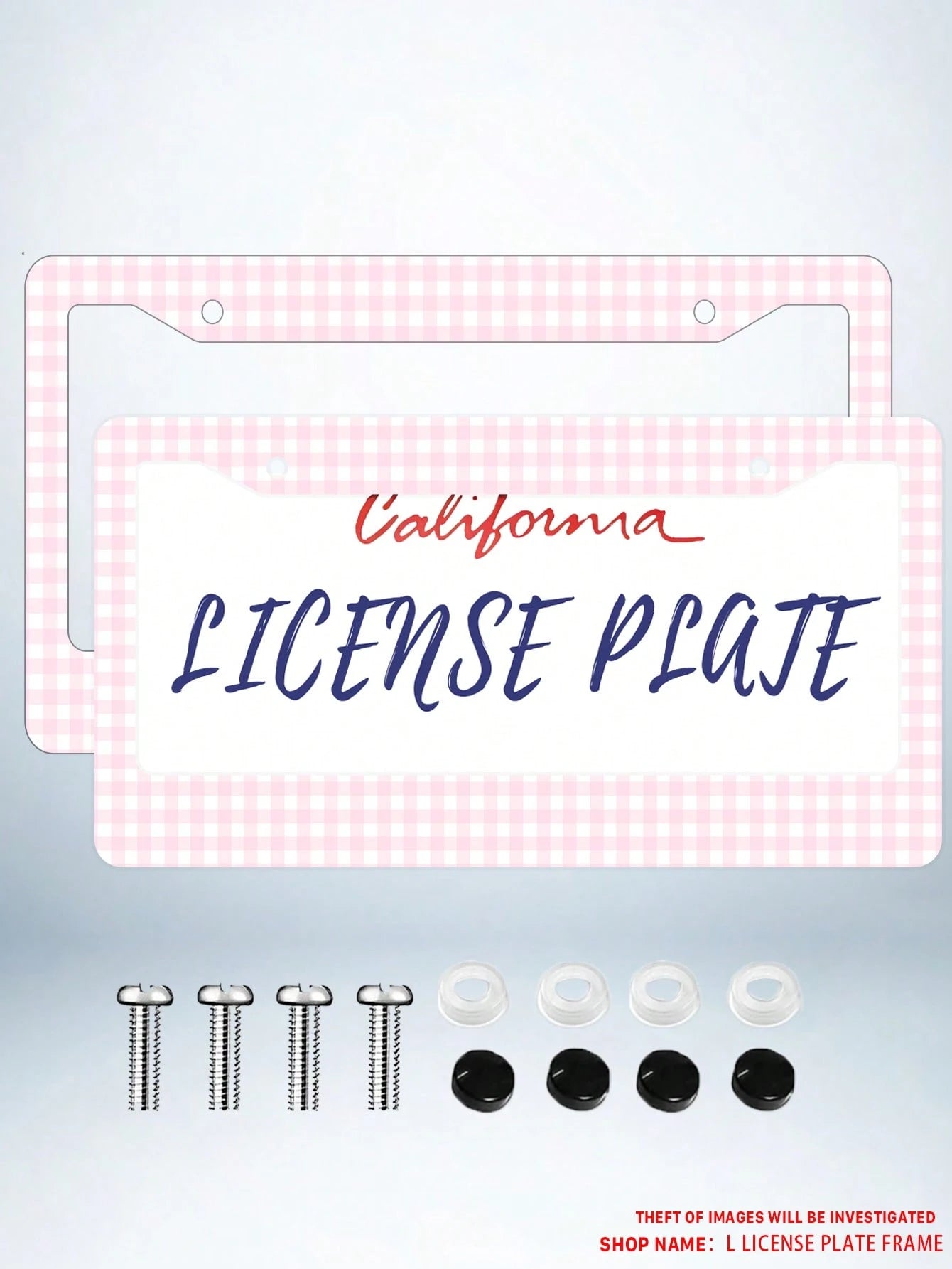 2PC Pink Gingham Checkered Pattern Aluminum License Plate Frame 6x12 Inches With Screw Kit, Retro And Cute Car Decor Accessory Vehicle Personalization, Fun And Quirky Design As A, Universal Size Fits