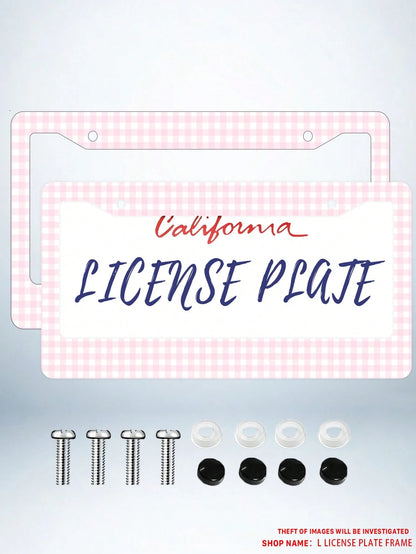 2PC Pink Gingham Checkered Pattern Aluminum License Plate Frame 6x12 Inches With Screw Kit, Retro And Cute Car Decor Accessory Vehicle Personalization, Fun And Quirky Design As A, Universal Size Fits