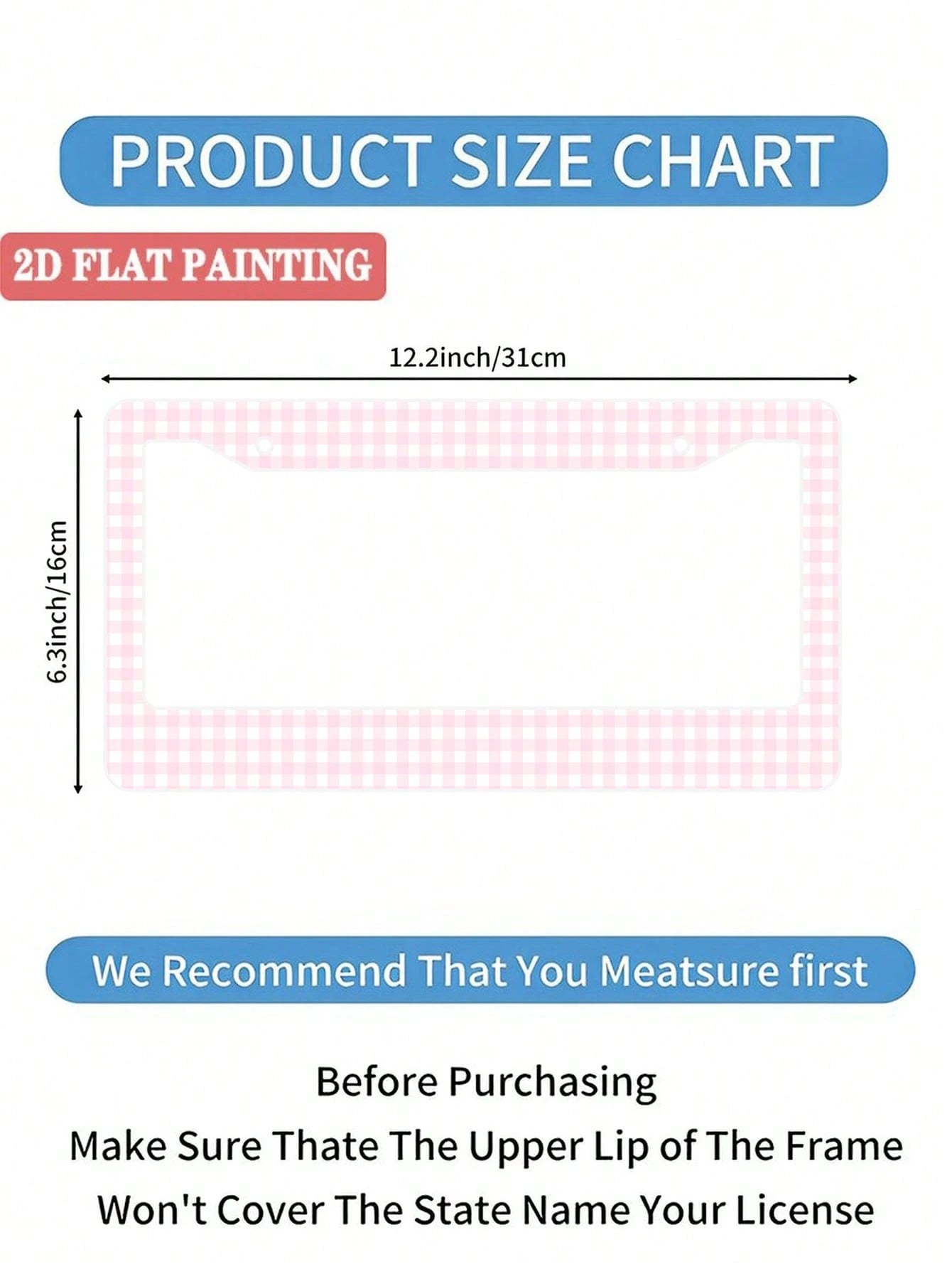 2PC Pink Gingham Checkered Pattern Aluminum License Plate Frame 6x12 Inches With Screw Kit, Retro And Cute Car Decor Accessory Vehicle Personalization, Fun And Quirky Design As A, Universal Size Fits