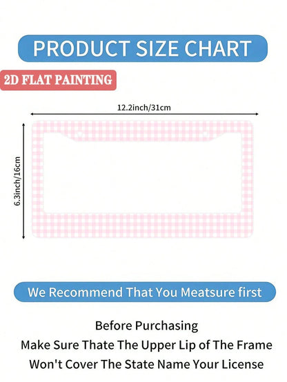 2PC Pink Gingham Checkered Pattern Aluminum License Plate Frame 6x12 Inches With Screw Kit, Retro And Cute Car Decor Accessory Vehicle Personalization, Fun And Quirky Design As A, Universal Size Fits