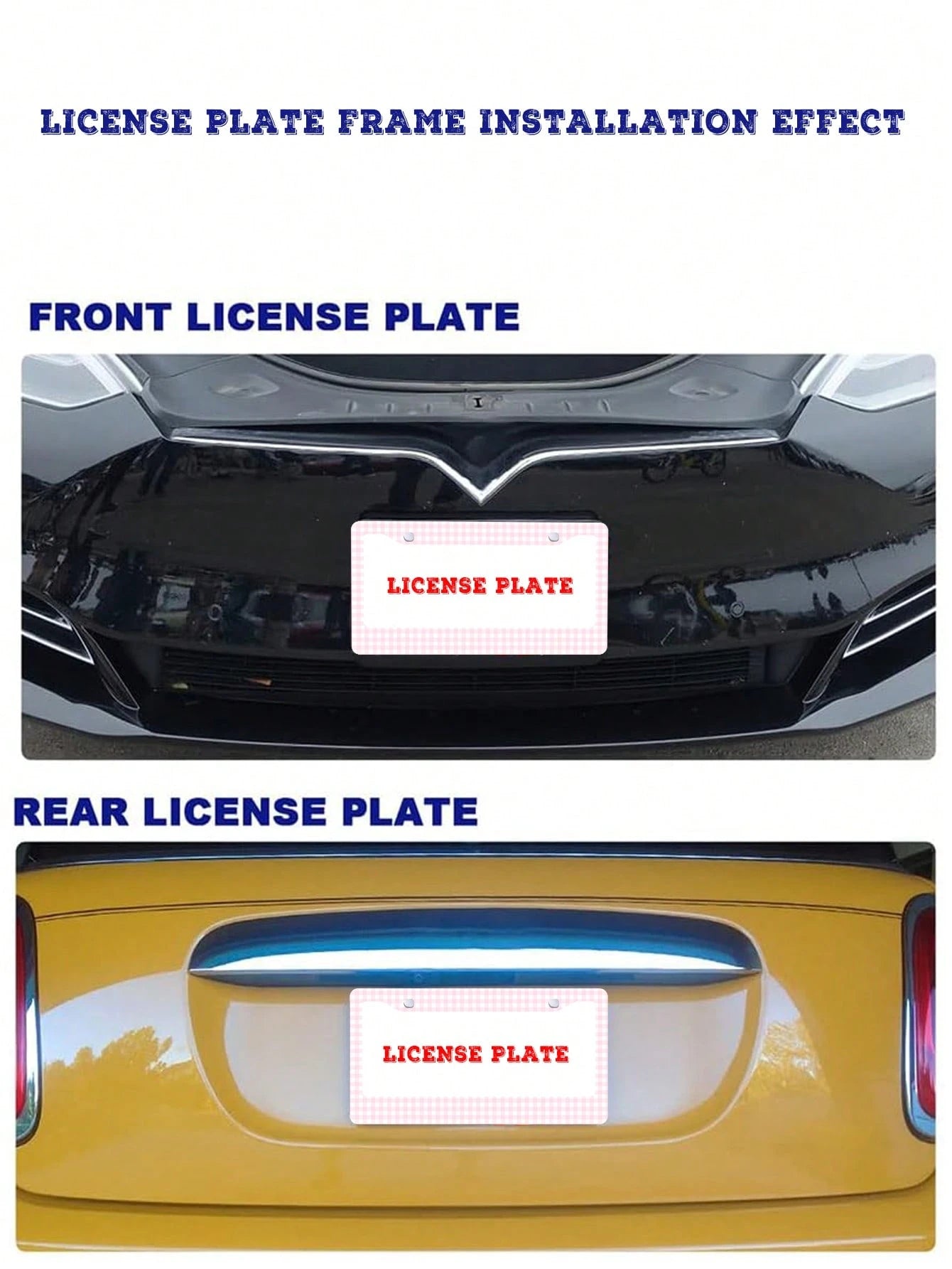 2PC Pink Gingham Checkered Pattern Aluminum License Plate Frame 6x12 Inches With Screw Kit, Retro And Cute Car Decor Accessory Vehicle Personalization, Fun And Quirky Design As A, Universal Size Fits