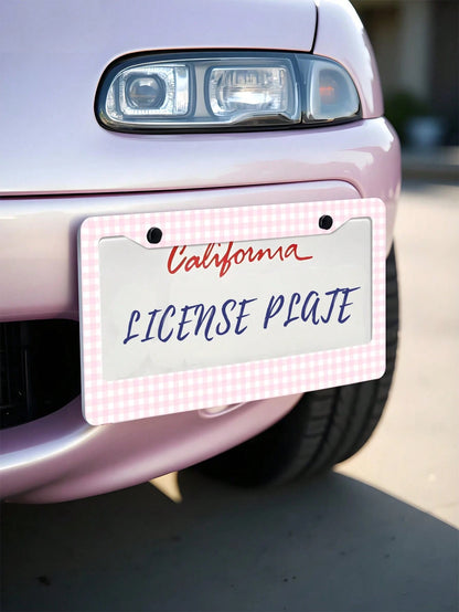 2PC Pink Gingham Checkered Pattern Aluminum License Plate Frame 6x12 Inches With Screw Kit, Retro And Cute Car Decor Accessory Vehicle Personalization, Fun And Quirky Design As A, Universal Size Fits