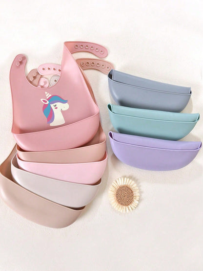 2pcs/1pc Baby Silicone Bibs- Leakproof, Stain-Resistant, Soft, Adjustable, Boil-, Portable, Cartoon Design, Suitable For Baby Daily Use & Outdoor Dining