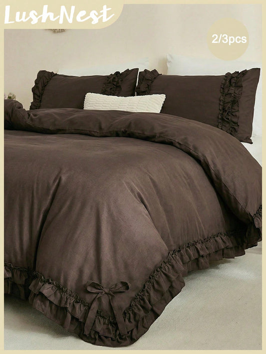 2pcs/3pcs Coffee Brown Mocha Double Ruffle Bow Duvet Cover Set (Includes 1 Duvet Cover And 2 Pillow Shams, Filling Not Included), Multifunctional Fashion, Fresh Modern Daily Polyester Fabric, Soft And