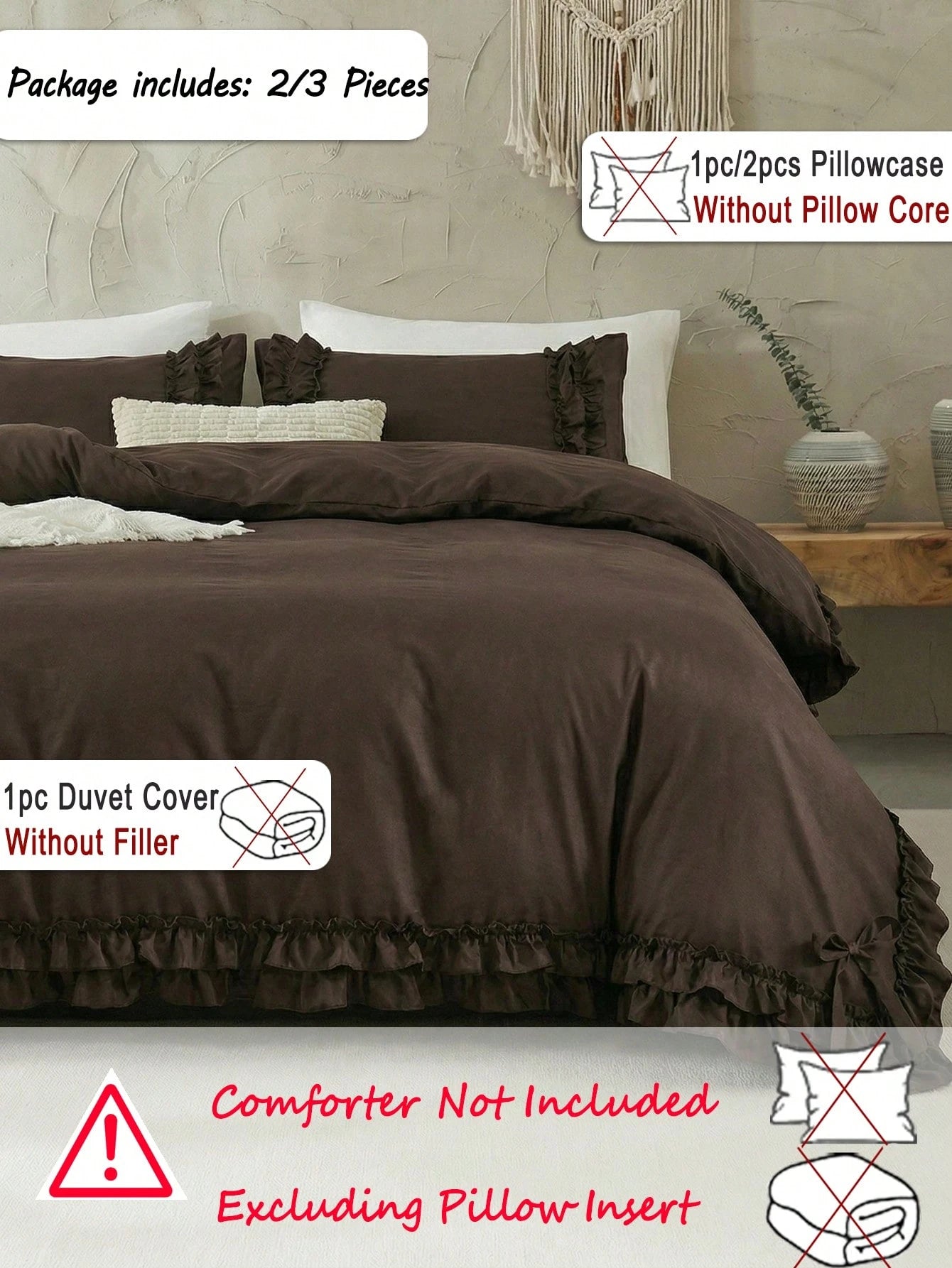 2pcs/3pcs Coffee Brown Mocha Double Ruffle Bow Duvet Cover Set (Includes 1 Duvet Cover And 2 Pillow Shams, Filling Not Included), Multifunctional Fashion, Fresh Modern Daily Polyester Fabric, Soft And