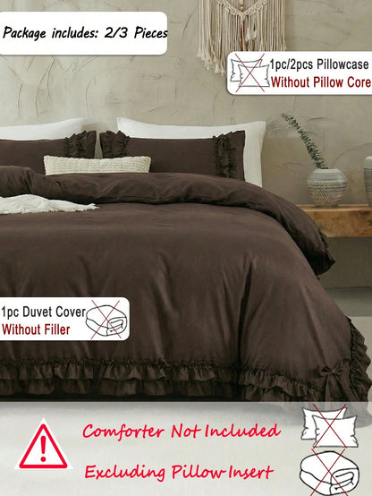 2pcs/3pcs Coffee Brown Mocha Double Ruffle Bow Duvet Cover Set (Includes 1 Duvet Cover And 2 Pillow Shams, Filling Not Included), Multifunctional Fashion, Fresh Modern Daily Polyester Fabric, Soft And