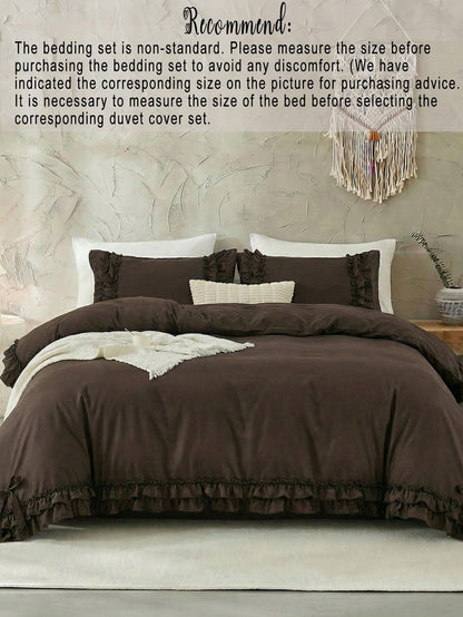2pcs/3pcs Coffee Brown Mocha Double Ruffle Bow Duvet Cover Set (Includes 1 Duvet Cover And 2 Pillow Shams, Filling Not Included), Multifunctional Fashion, Fresh Modern Daily Polyester Fabric, Soft And