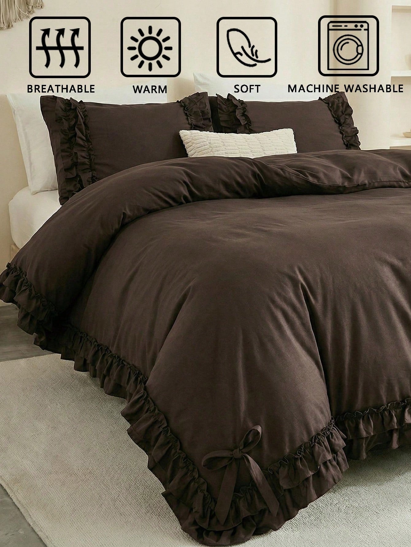 2pcs/3pcs Coffee Brown Mocha Double Ruffle Bow Duvet Cover Set (Includes 1 Duvet Cover And 2 Pillow Shams, Filling Not Included), Multifunctional Fashion, Fresh Modern Daily Polyester Fabric, Soft And