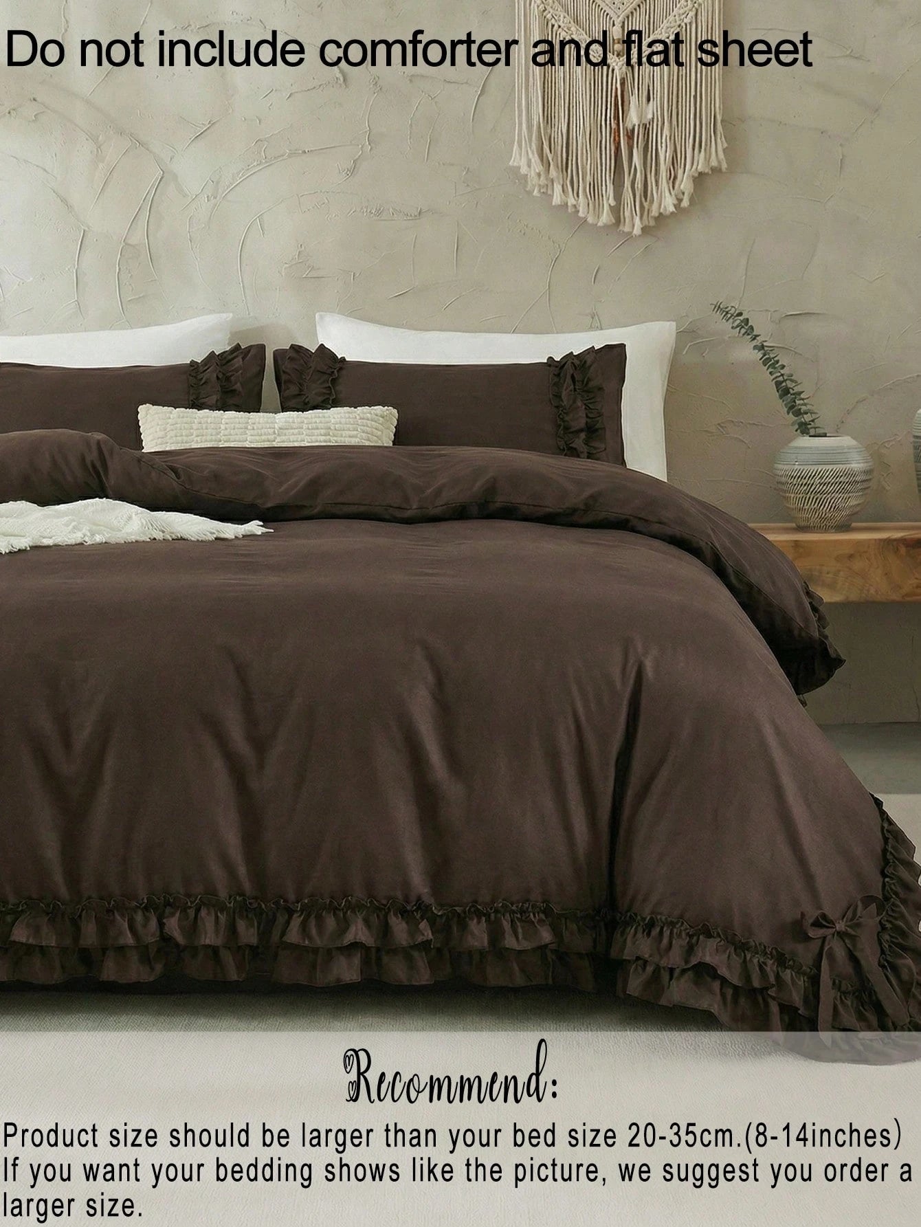 2pcs/3pcs Coffee Brown Mocha Double Ruffle Bow Duvet Cover Set (Includes 1 Duvet Cover And 2 Pillow Shams, Filling Not Included), Multifunctional Fashion, Fresh Modern Daily Polyester Fabric, Soft And