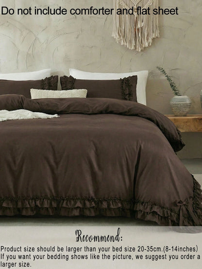 2pcs/3pcs Coffee Brown Mocha Double Ruffle Bow Duvet Cover Set (Includes 1 Duvet Cover And 2 Pillow Shams, Filling Not Included), Multifunctional Fashion, Fresh Modern Daily Polyester Fabric, Soft And