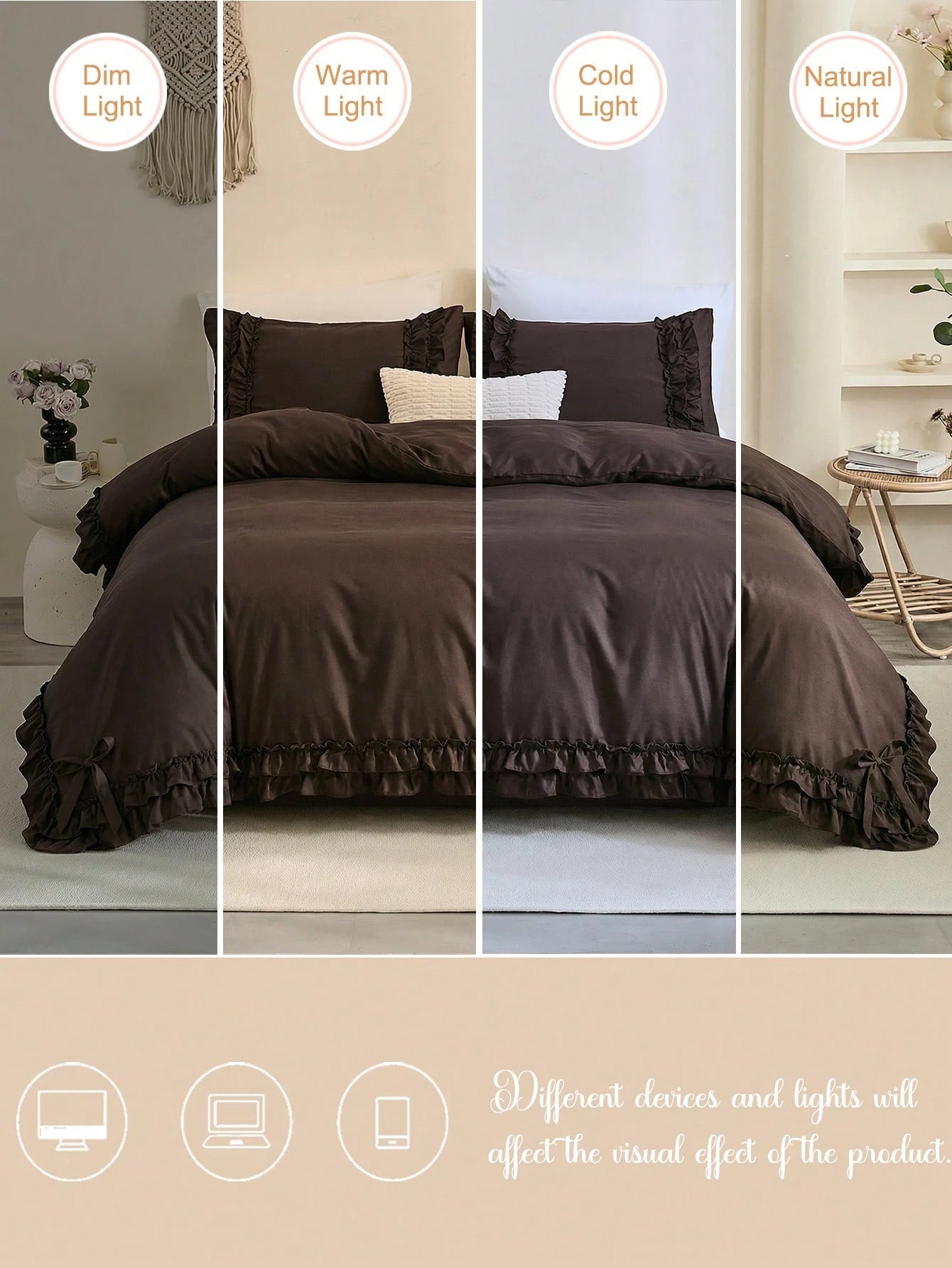 2pcs/3pcs Coffee Brown Mocha Double Ruffle Bow Duvet Cover Set (Includes 1 Duvet Cover And 2 Pillow Shams, Filling Not Included), Multifunctional Fashion, Fresh Modern Daily Polyester Fabric, Soft And