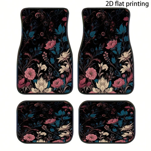 2pcs/4pcs Floral Pattern Car Floor Mats, Polyester Fiber Universal Car Floor Mats, Interior Car Decorations, 2D Flat Printing