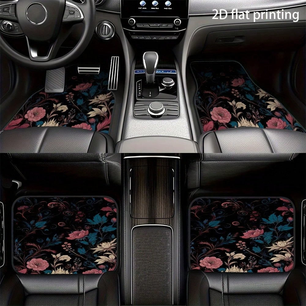 2pcs/4pcs Floral Pattern Car Floor Mats, Polyester Fiber Universal Car Floor Mats, Interior Car Decorations, 2D Flat Printing