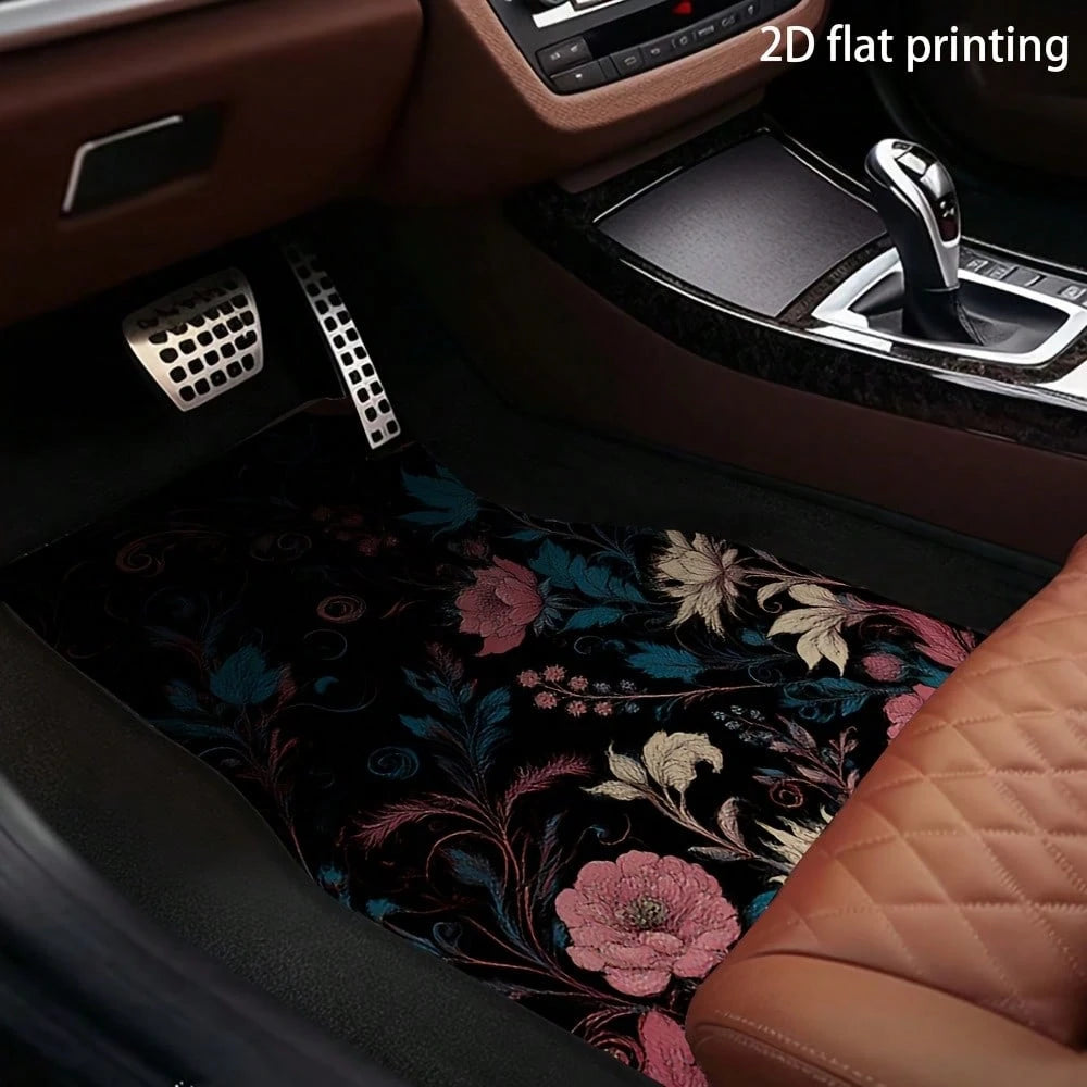 2pcs/4pcs Floral Pattern Car Floor Mats, Polyester Fiber Universal Car Floor Mats, Interior Car Decorations, 2D Flat Printing