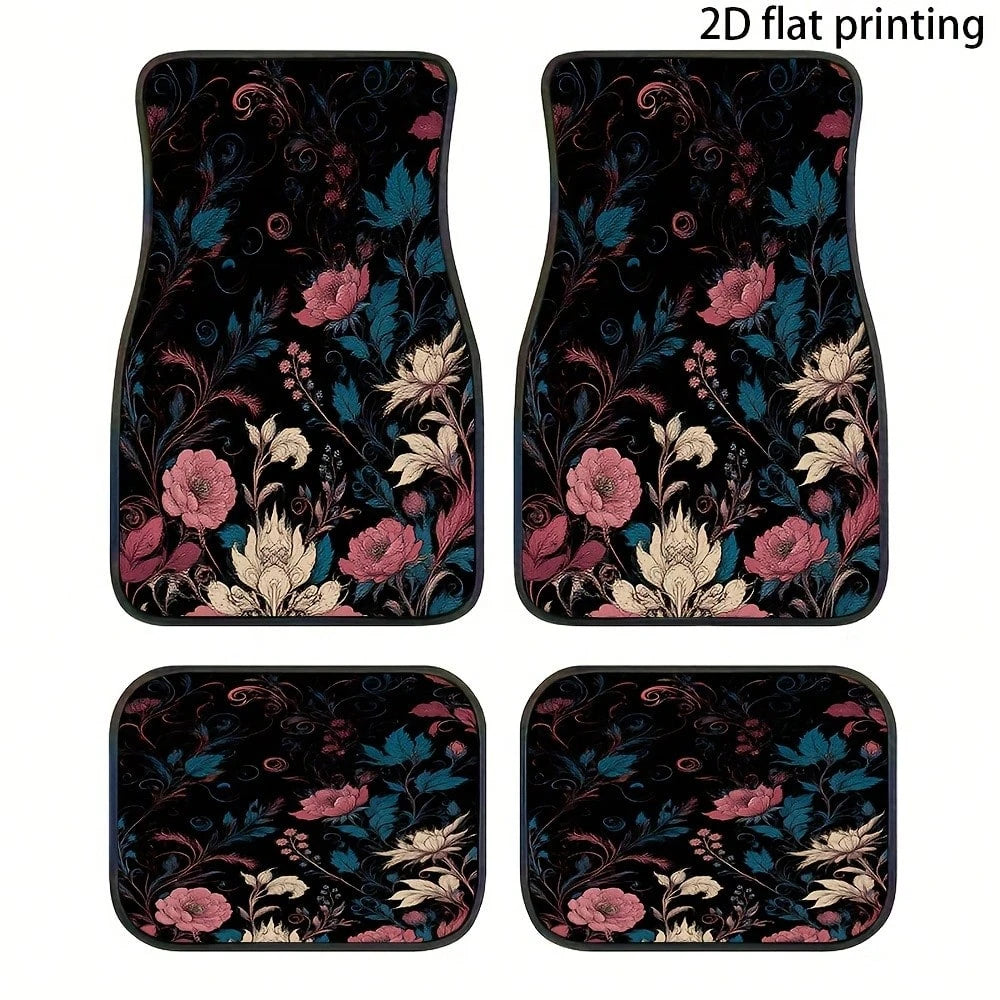 2pcs/4pcs Floral Pattern Car Floor Mats, Polyester Fiber Universal Car Floor Mats, Interior Car Decorations, 2D Flat Printing