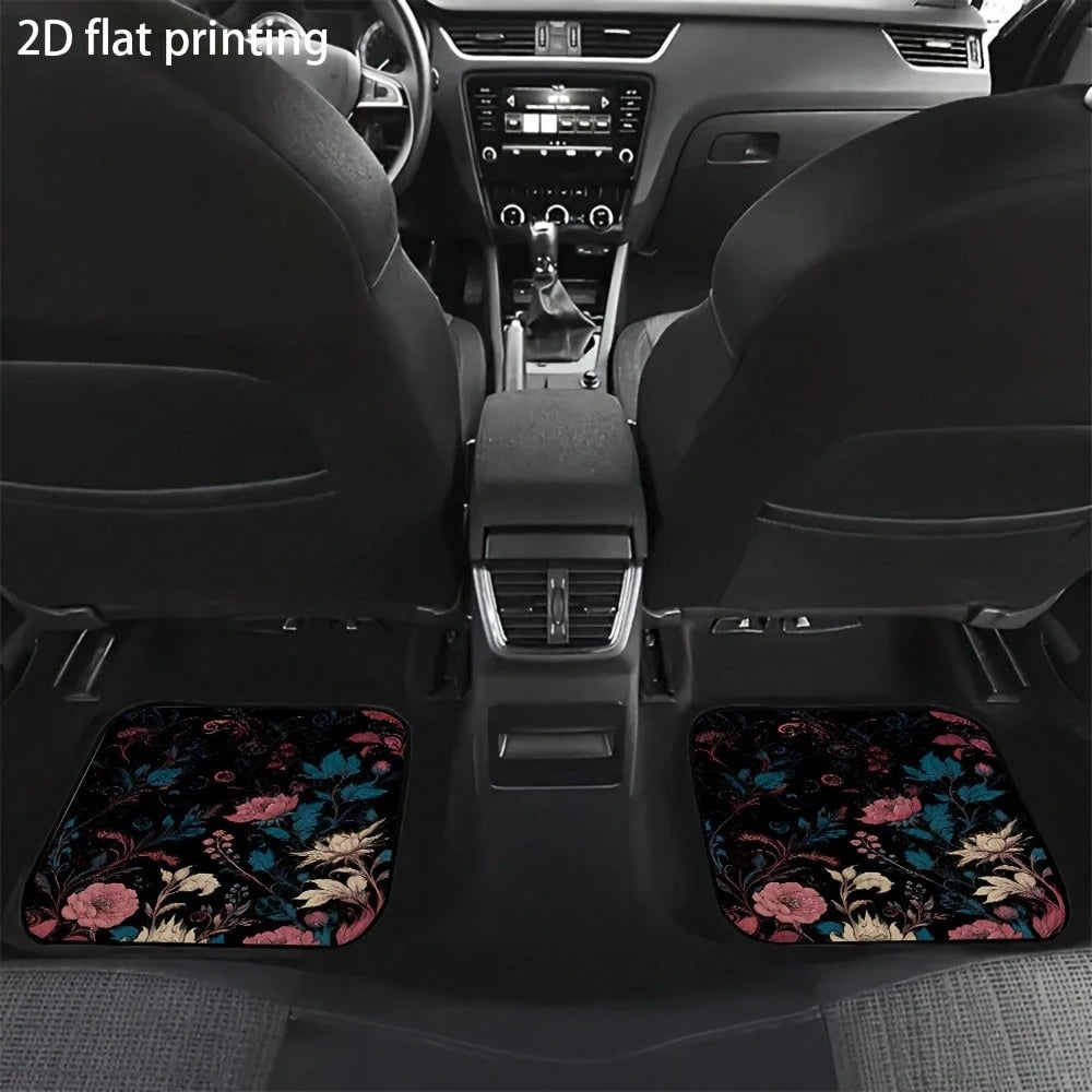 2pcs/4pcs Floral Pattern Car Floor Mats, Polyester Fiber Universal Car Floor Mats, Interior Car Decorations, 2D Flat Printing